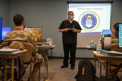 Russell Martin, Lawrence General Hospital’s professional development manager, offers remarks to the airmen during orientation on Feb. 10. (U.S. Army photo by Sgt. Kaden D. Pitt)