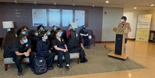 Lawrence General Hospital President and CEO Deborah J. Wilson, right, welcomes the students from Top Notch Scholars’ Healthcare Internship Academy to the hospital during a launch event March 8, 2023.