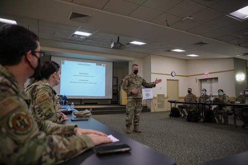 Massachusetts Army National Guard Col. Mark E. Kalin addresses the 19 clinical airmen, along with Lawrence General Hospital personnel, during their first day at the hospital. (U.S. Army photo by Spc. Daniel Thompson)